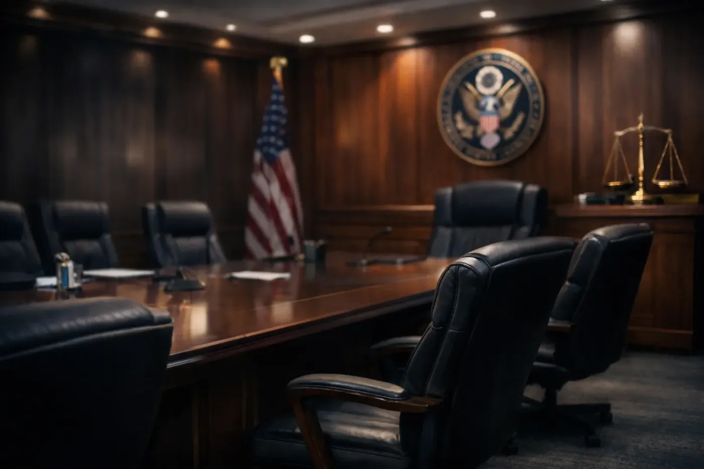 A formal hearing room with an American flag and the scales of justice
