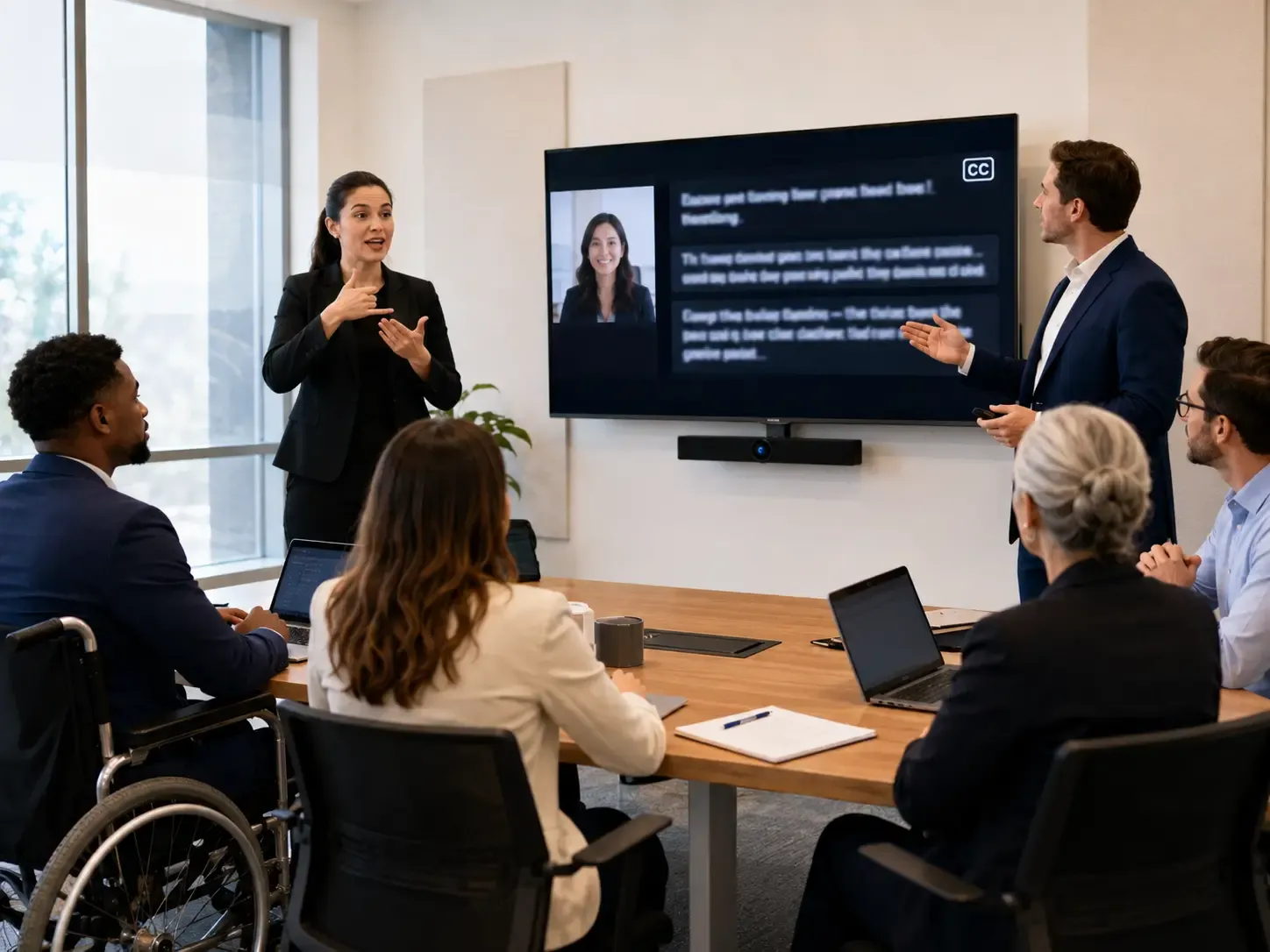 A team meeting with live captions displayed on the screen