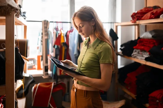 A shop owner checking product listings on a tablet among clothing racks