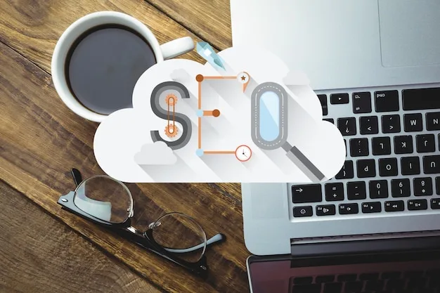 A laptop and coffee with an SEO graphic on a desk