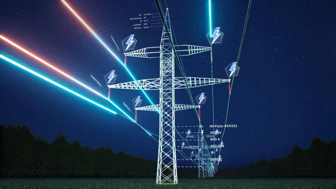 High-voltage transmission towers at night with data overlays on the power lines
