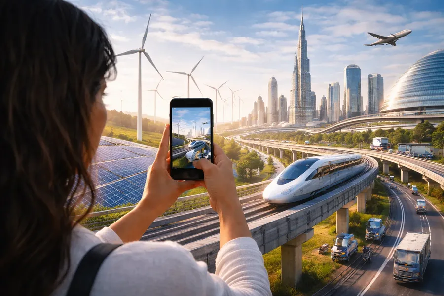 High-speed rail, wind turbines, and solar fields around a modern city