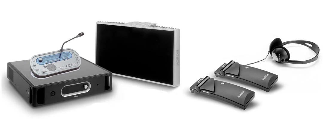 A complete Bosch Integrus system: infrared transmitter with interpreter desk, radiator panel, pocket receivers, and headset