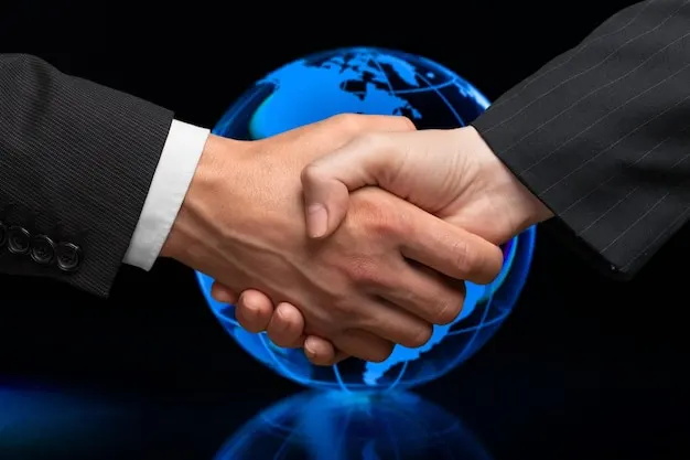 Two officials shaking hands in front of a glowing globe