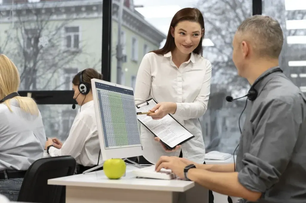 An outreach team working together at their desks