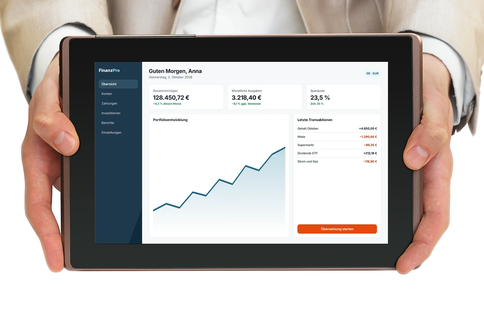 A tablet showing a banking dashboard localized into German, with euro amounts and German number formats