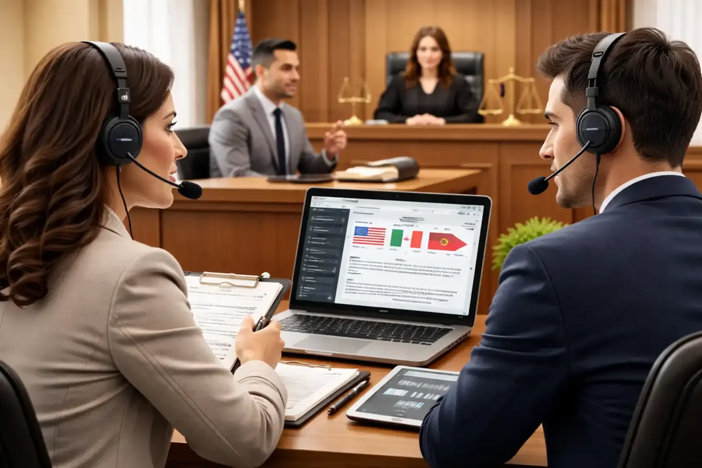 Interpreters with headsets supporting a proceeding in a courtroom
