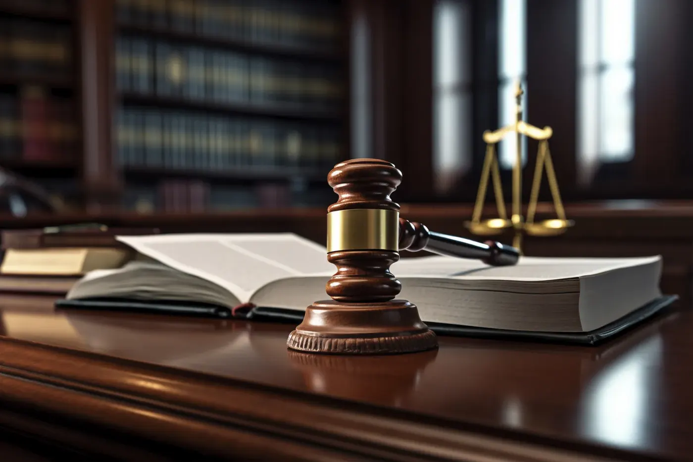 A gavel resting on an open book in a law library
