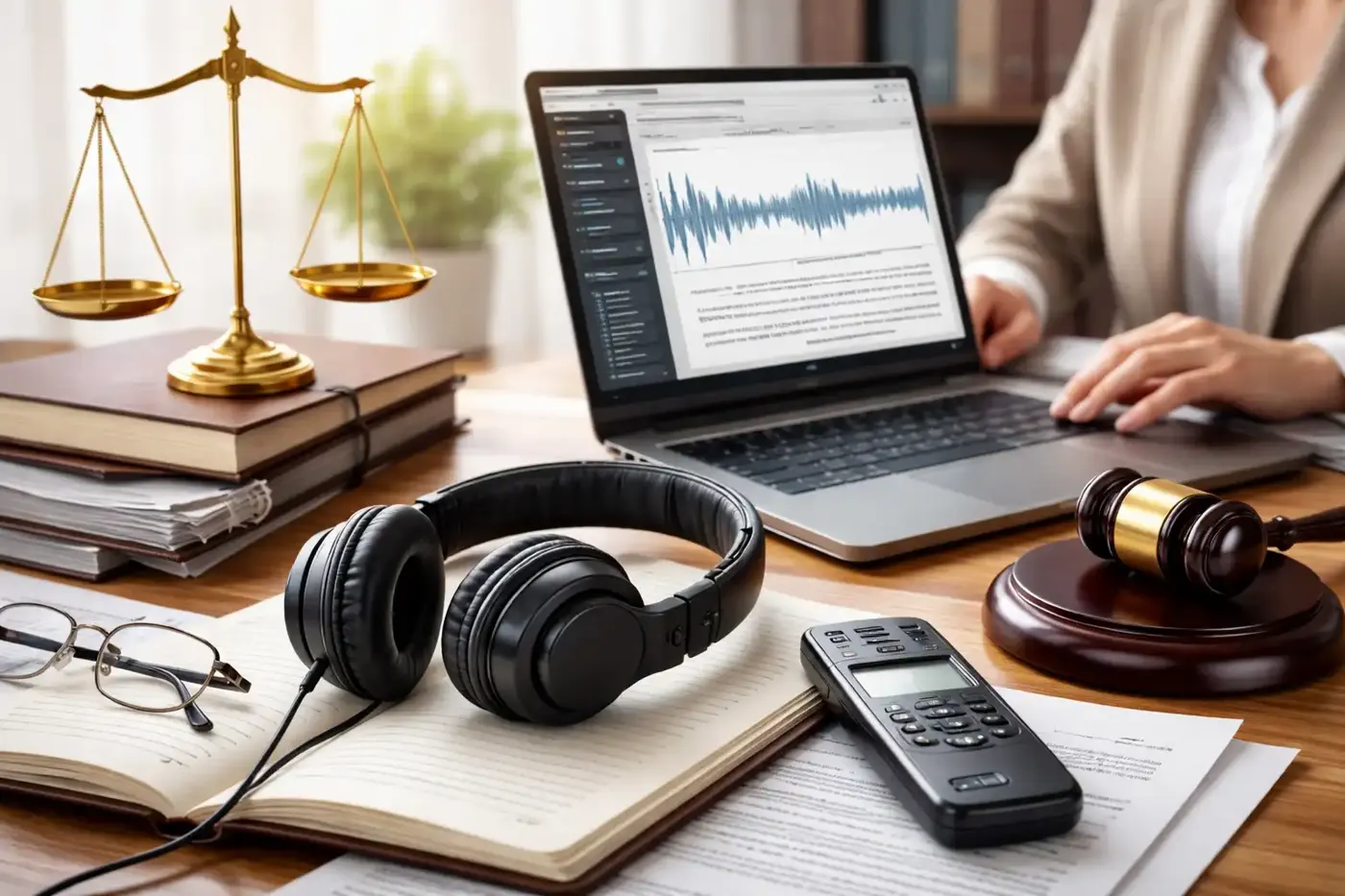 Headphones, a gavel, and a laptop showing an audio file on a legal desk