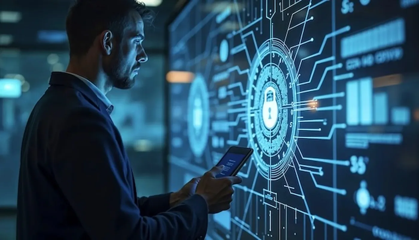 A professional reviewing a secure data dashboard on a tablet