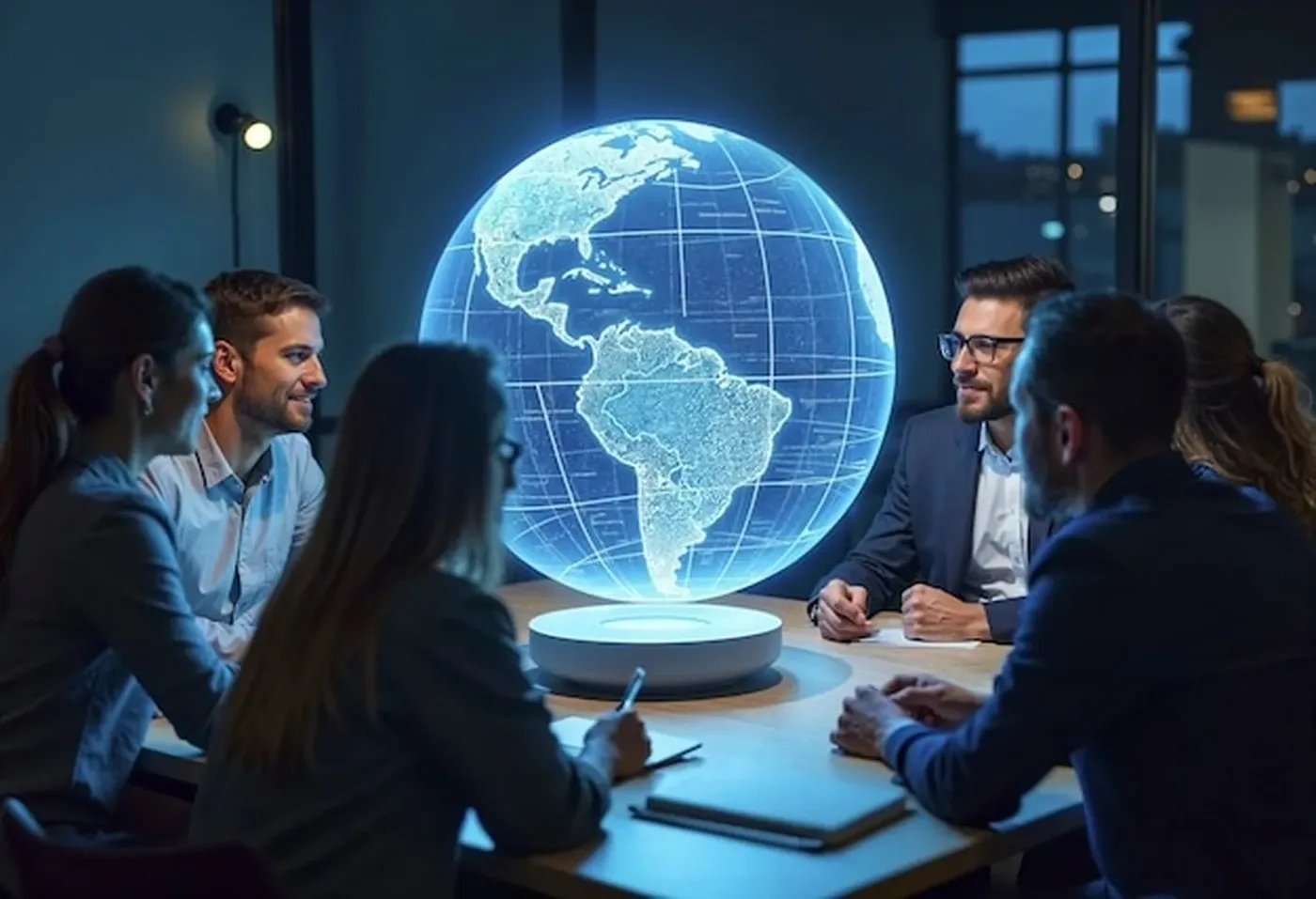 A team meeting around a holographic globe