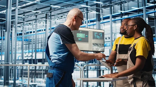 A team leader training new technicians at a control station in a modern plant