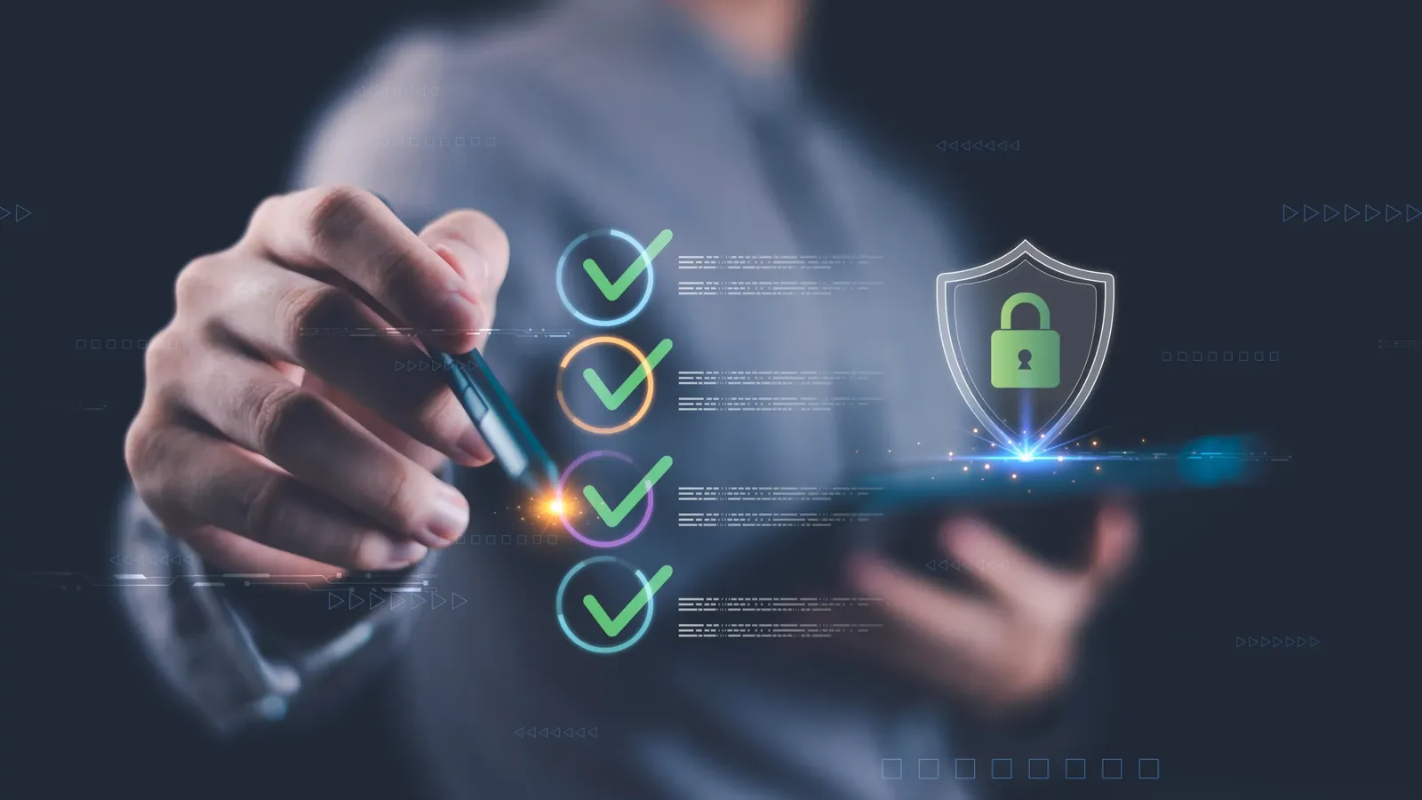 A professional checks off security controls on a digital checklist