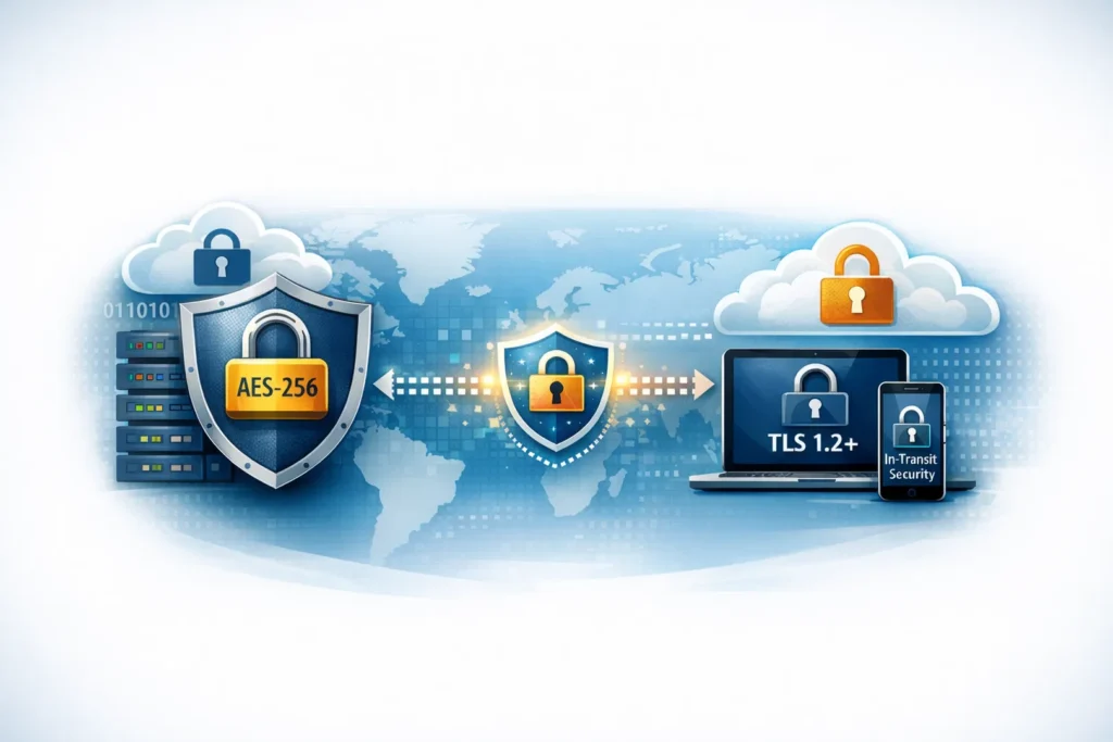 AES-256 encryption at rest and TLS 1.2+ encryption in transit between servers and devices