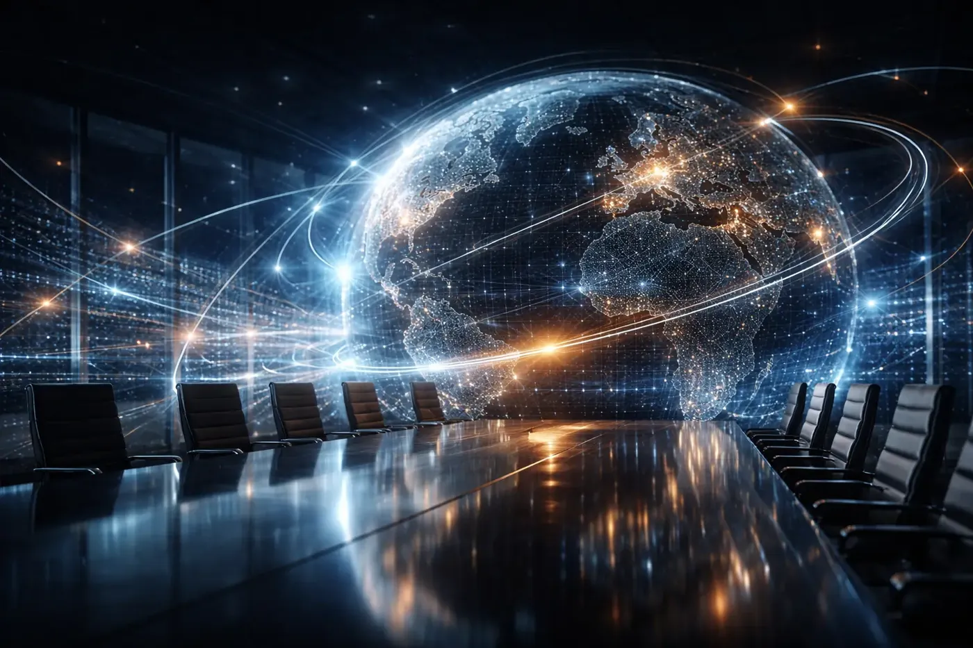 A boardroom table facing a glowing globe connected by light trails
