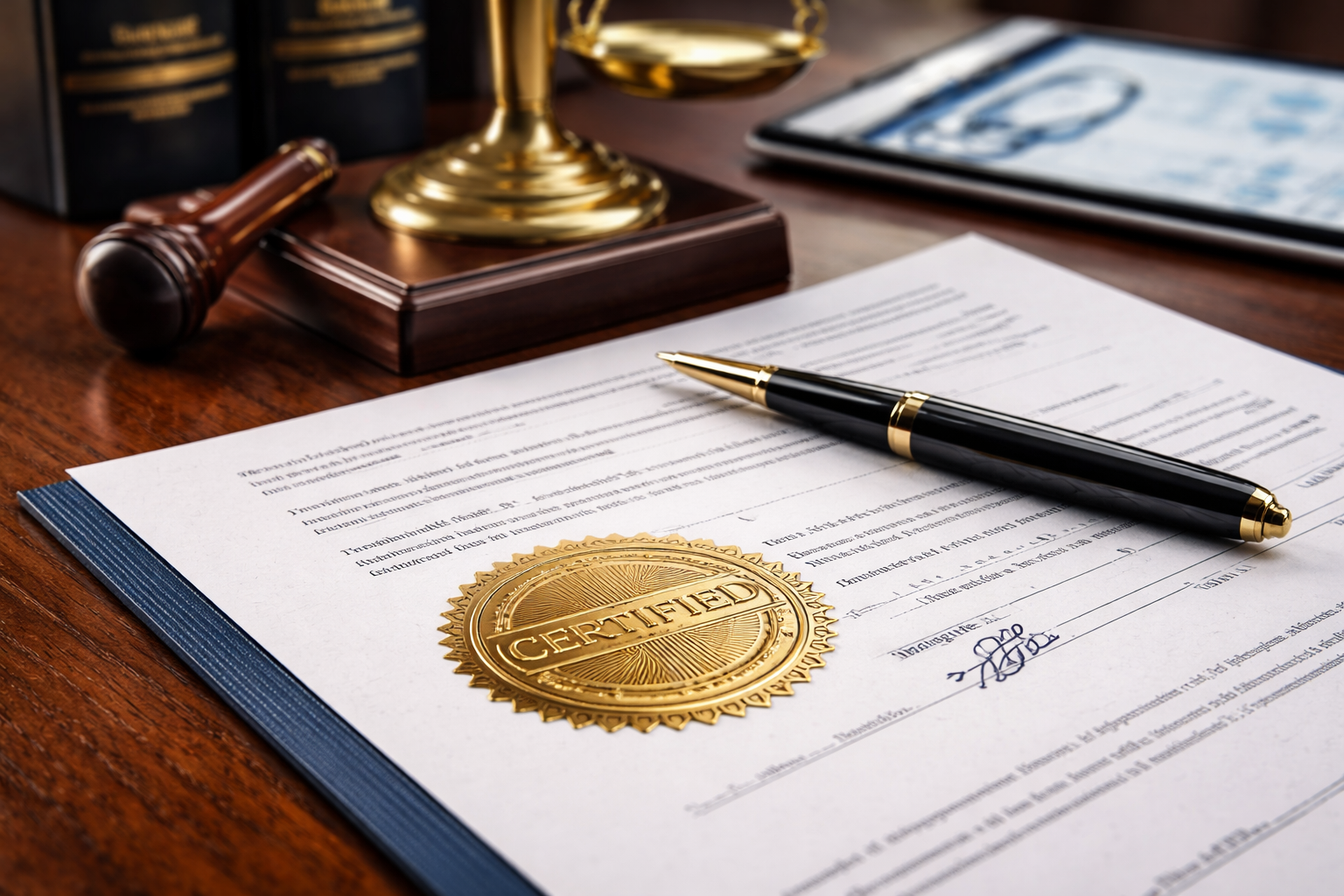 Certified document beside a judge's gavel